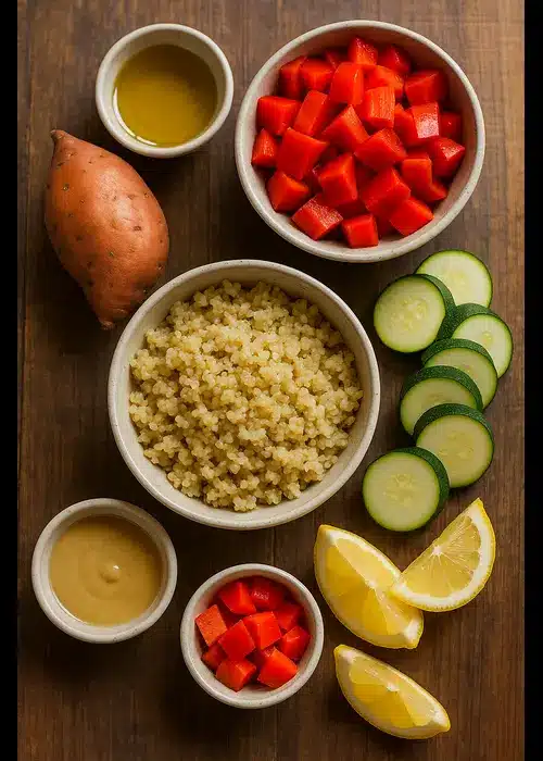 Fresh ingredients for a roasted veggie quinoa bowl including quinoa, zucchini, red bell peppers, lemon, tahini, sweet potato, and olive oil