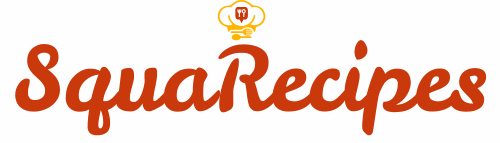 SquaRecipes logo featuring red cursive text and a golden chef hat with a heart and fork emblem.