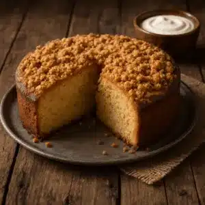 Moist sour cream coffee cake with cinnamon crumble topping on a rustic wooden table.