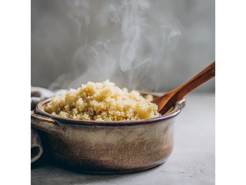 Fluffy cooked quinoa in a rustic ceramic pot with a wooden spoon on the side