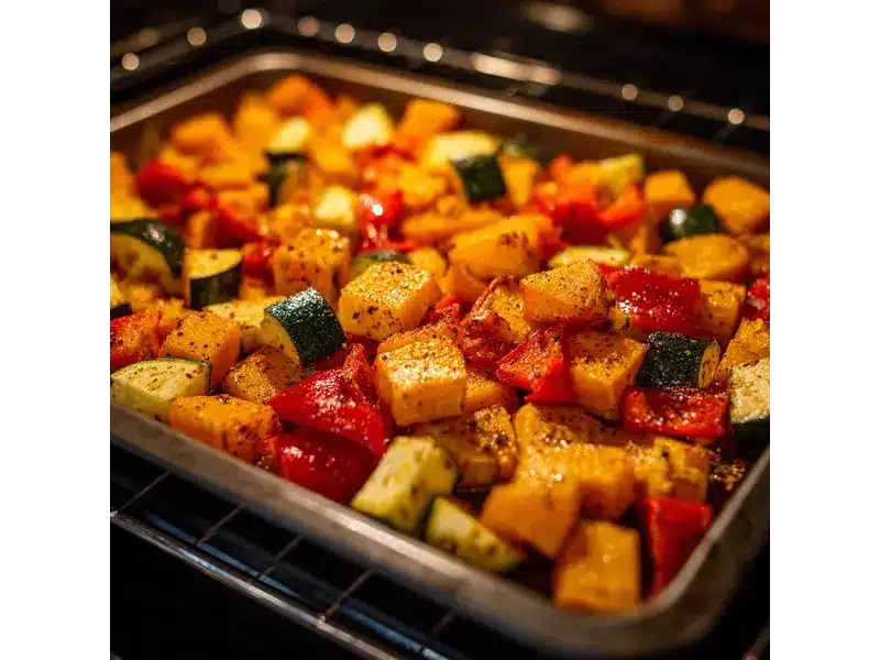 Colorful tray of chopped sweet potatoes, zucchini, and bell peppers roasting in the oven.