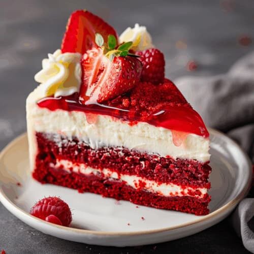 Slice of red velvet strawberry cheesecake on a white plate with fresh strawberry topping