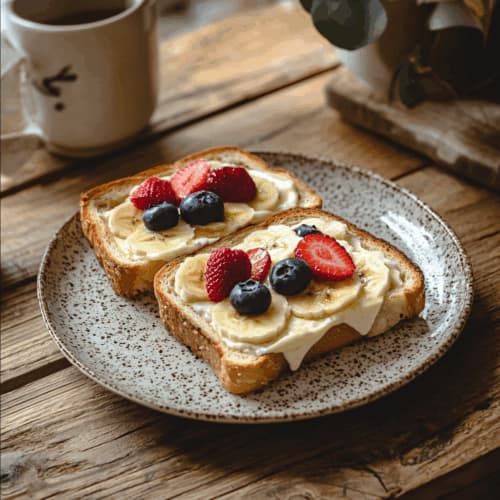 custard yogurt toast topped with berries and banana viral breakfast