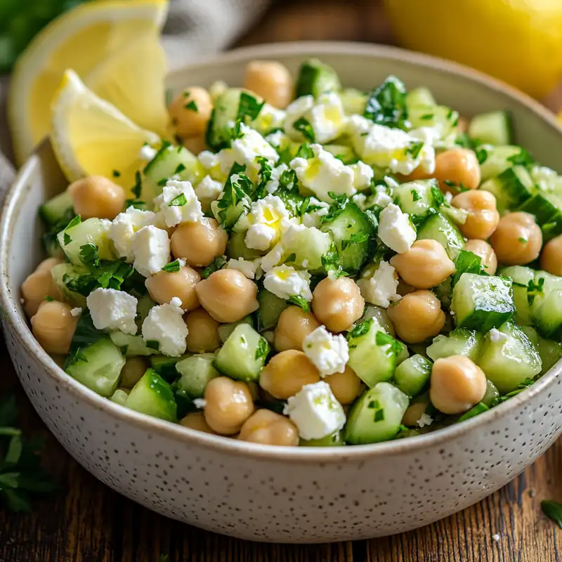 fresh chickpea cucumber salad with crumbled feta, parsley, and lemon slices